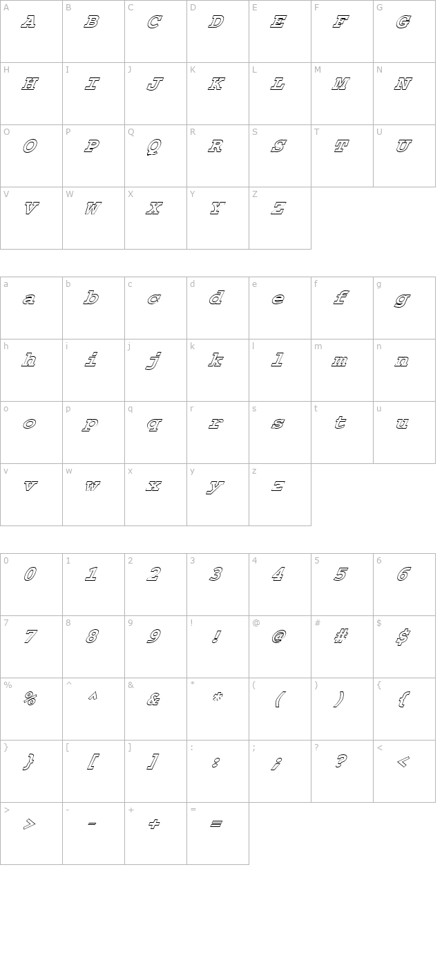 FZ BASIC 54 HOLLOW ITALIC character map