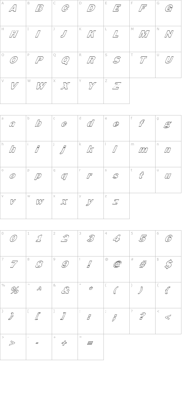 FZ BASIC 56 HOLLOW ITALIC character map