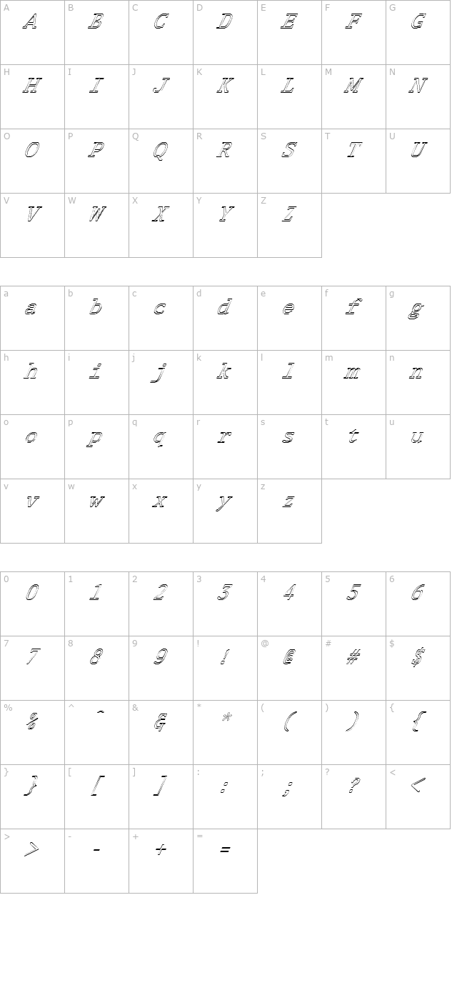 FZ DIGITAL 1 HOLLOW ITALIC character map