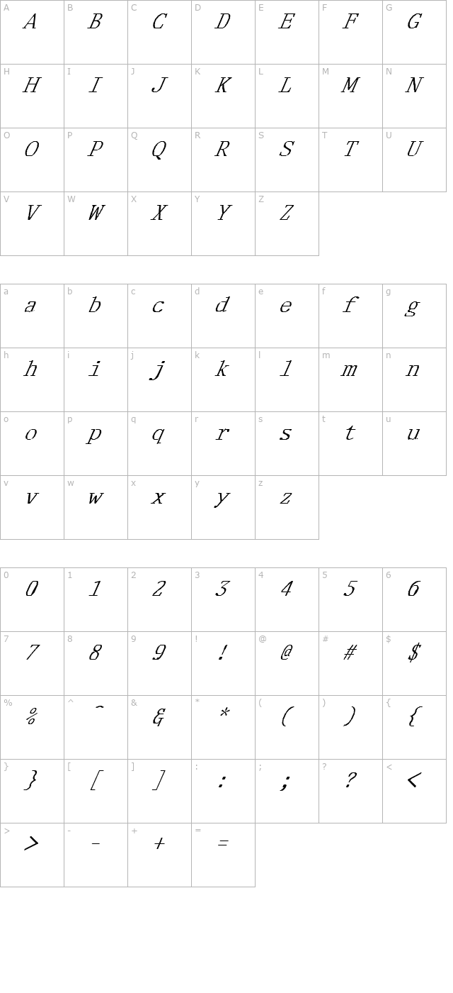 FZ DIGITAL 1 ITALIC character map