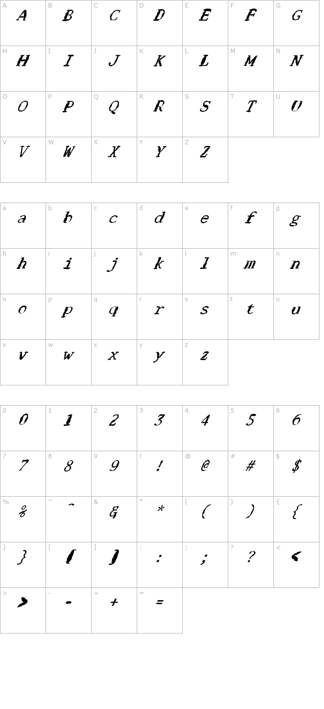 FZ DIGITAL 1 MANGLED ITALIC character map