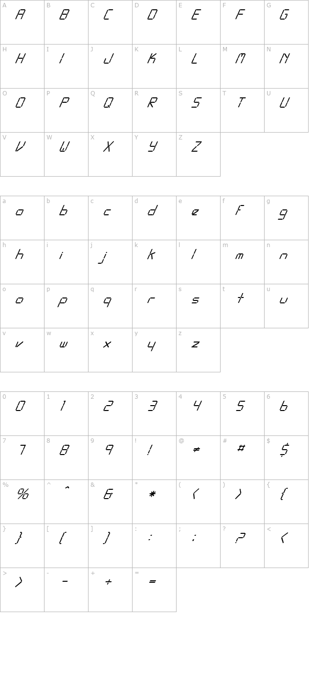 FZ DIGITAL 10 ITALIC character map