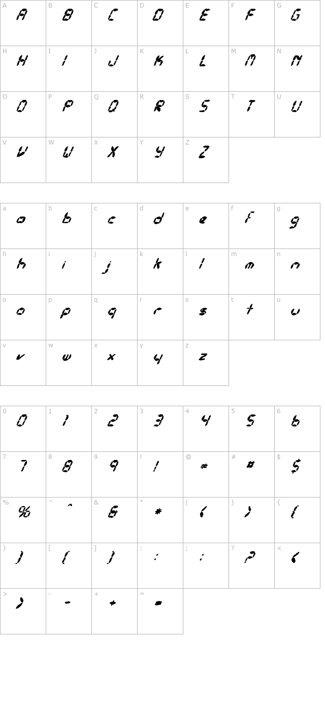 FZ DIGITAL 10 MANGLED ITALIC character map