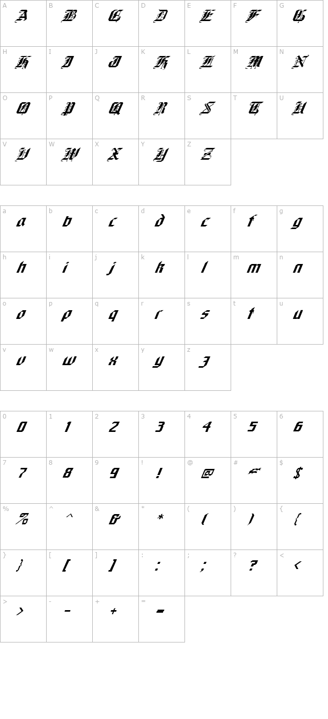 FZ GOTHIC 1 ITALIC character map