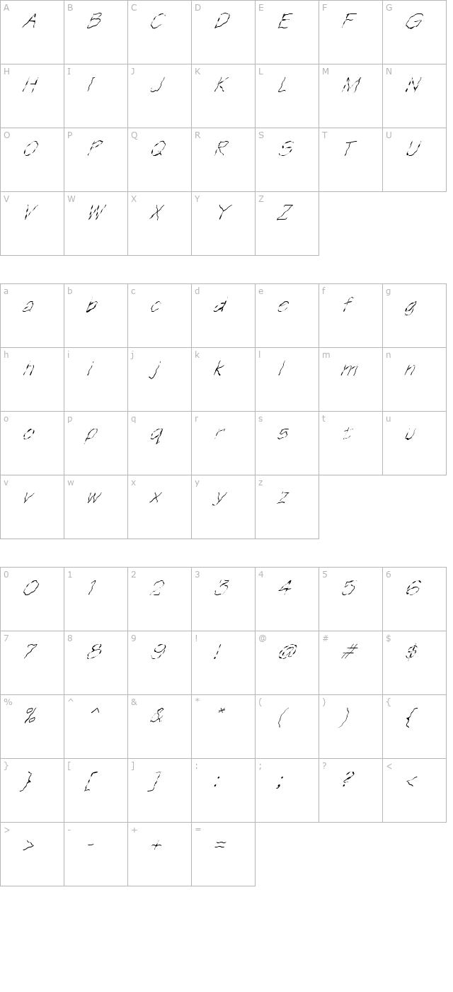 FZ HAND 1 WAVEY ITALIC character map