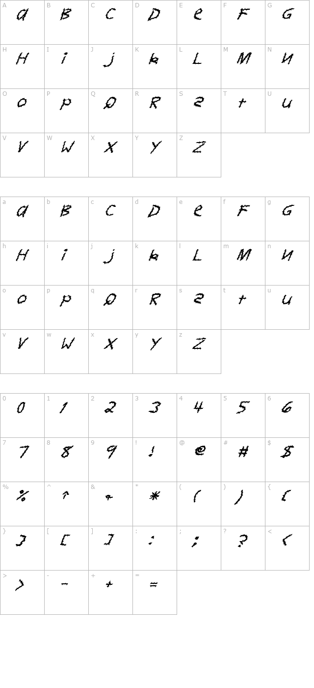 FZ HAND 11 SPIKED ITALIC character map