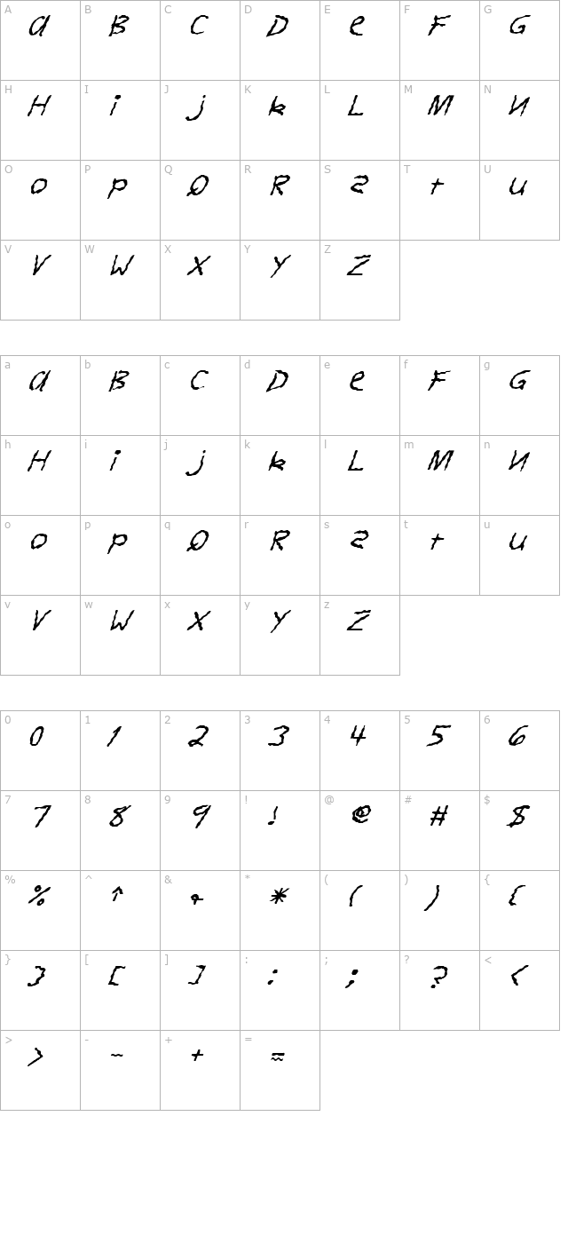 FZ HAND 11 WAVEY ITALIC character map