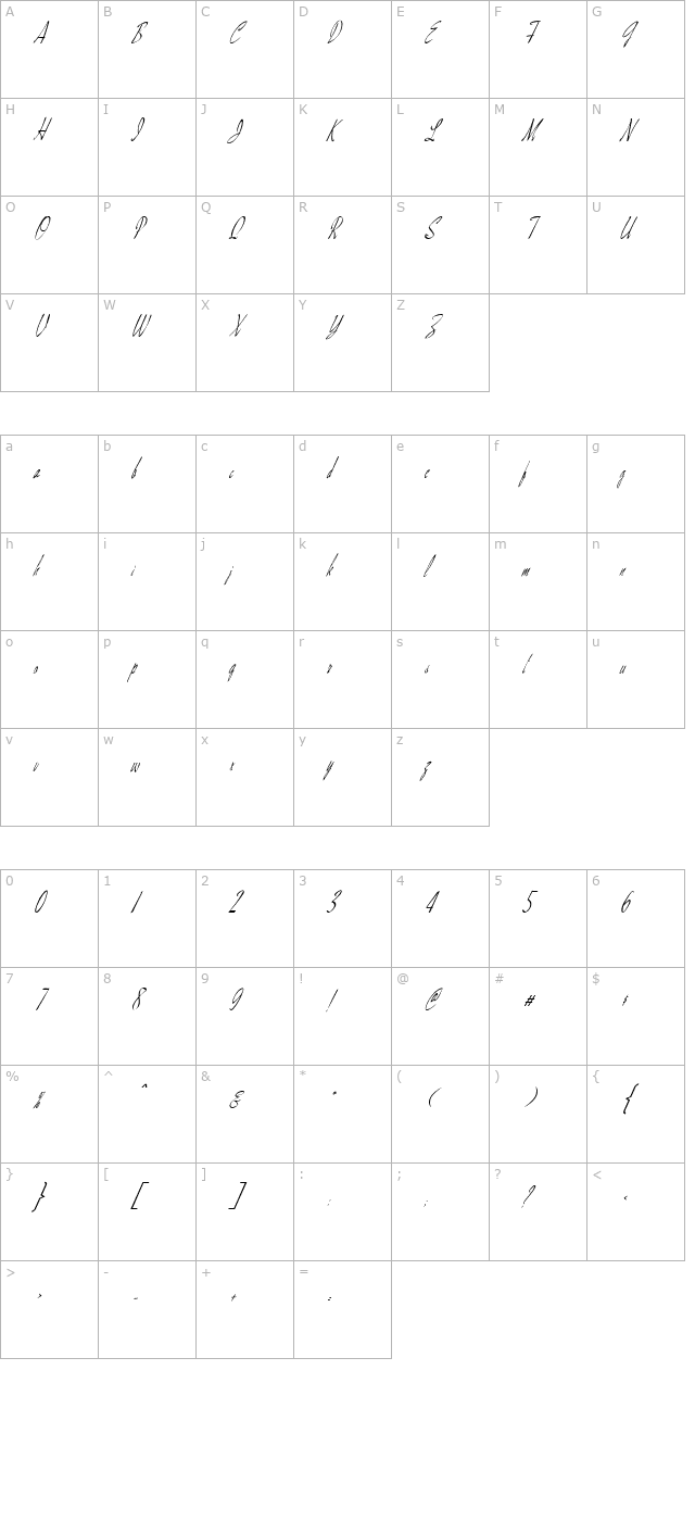 FZ HAND 13 ITALIC character map