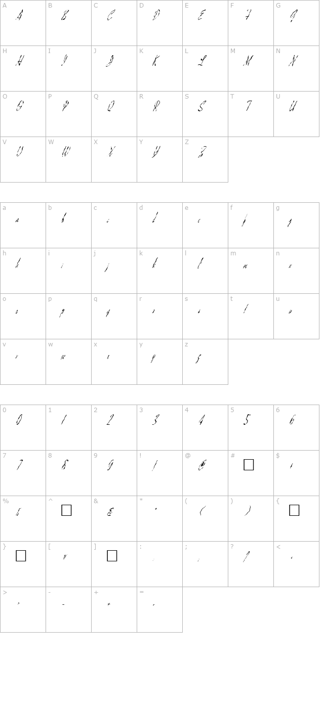 FZ HAND 13 WAVEY ITALIC character map