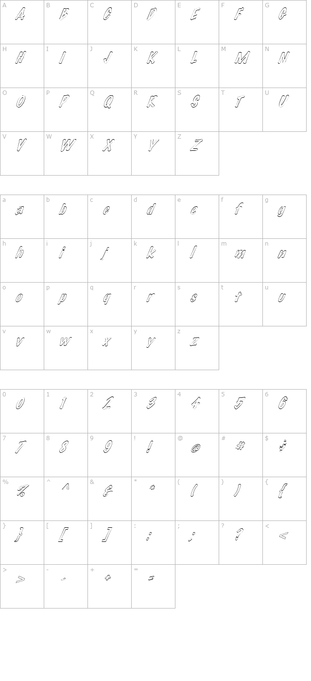 FZ HAND 14 HOLLOW ITALIC character map