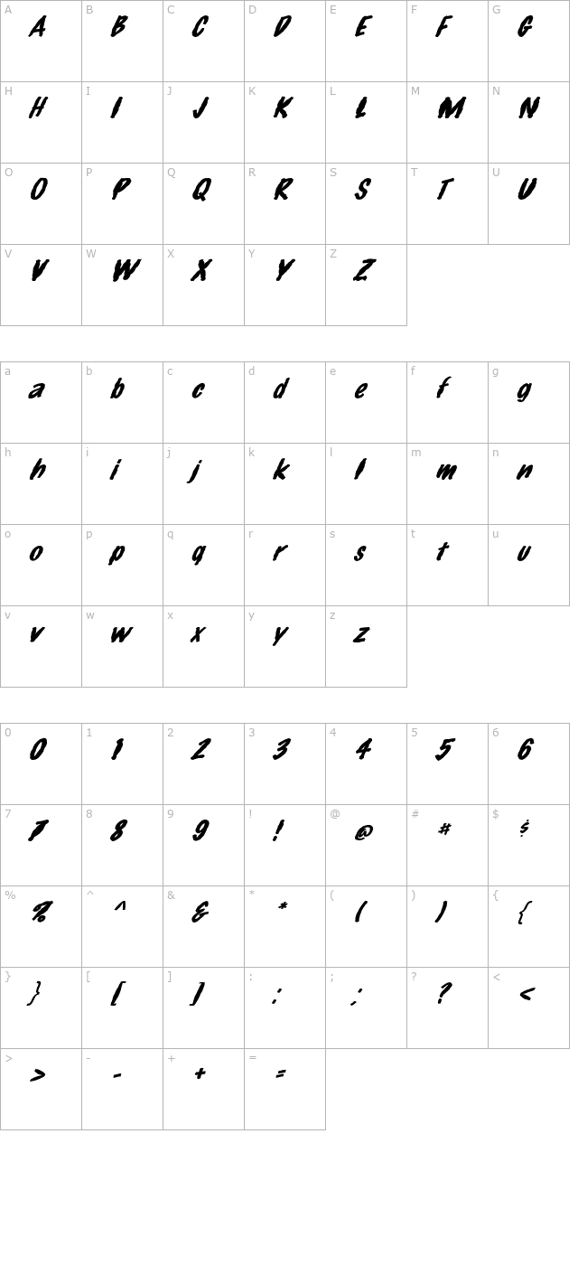 FZ HAND 14 MANGLED ITALIC character map