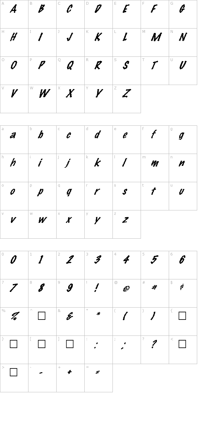 FZ HAND 14 WAVEY ITALIC character map