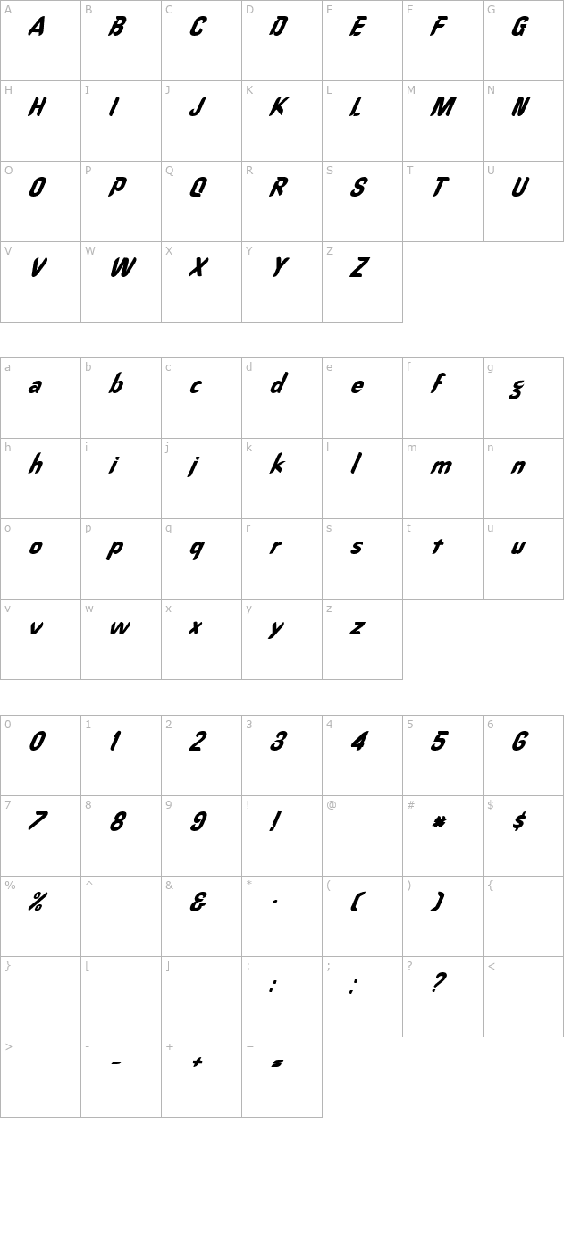 FZ HAND 15 ITALIC character map