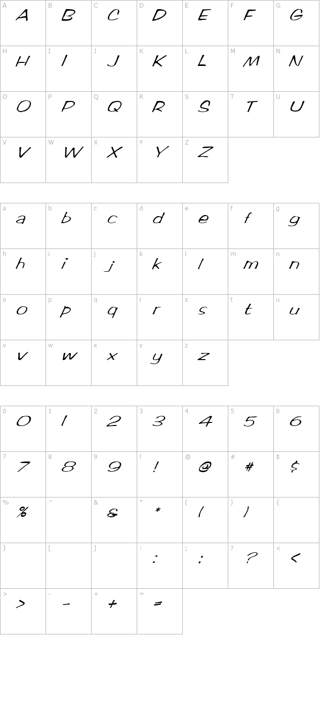 FZ HAND 2 ITALIC character map