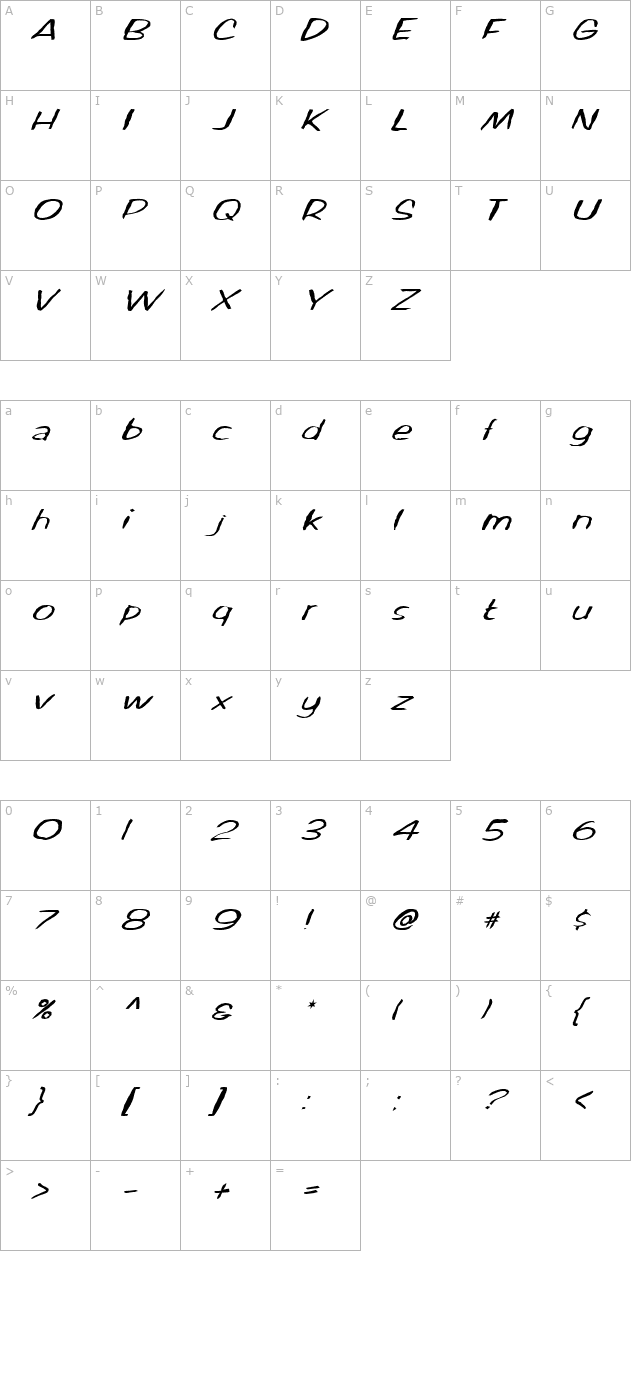 FZ HAND 2 MANGLED ITALIC character map