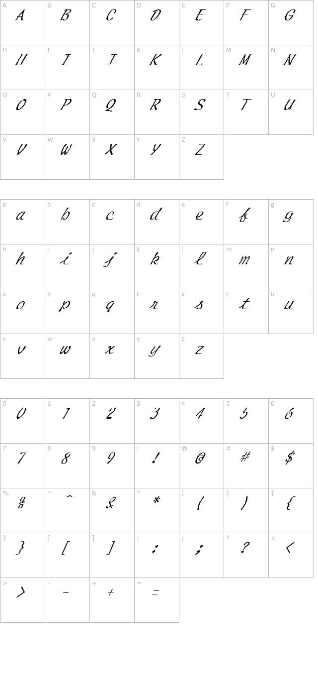 FZ HAND 20 ITALIC character map