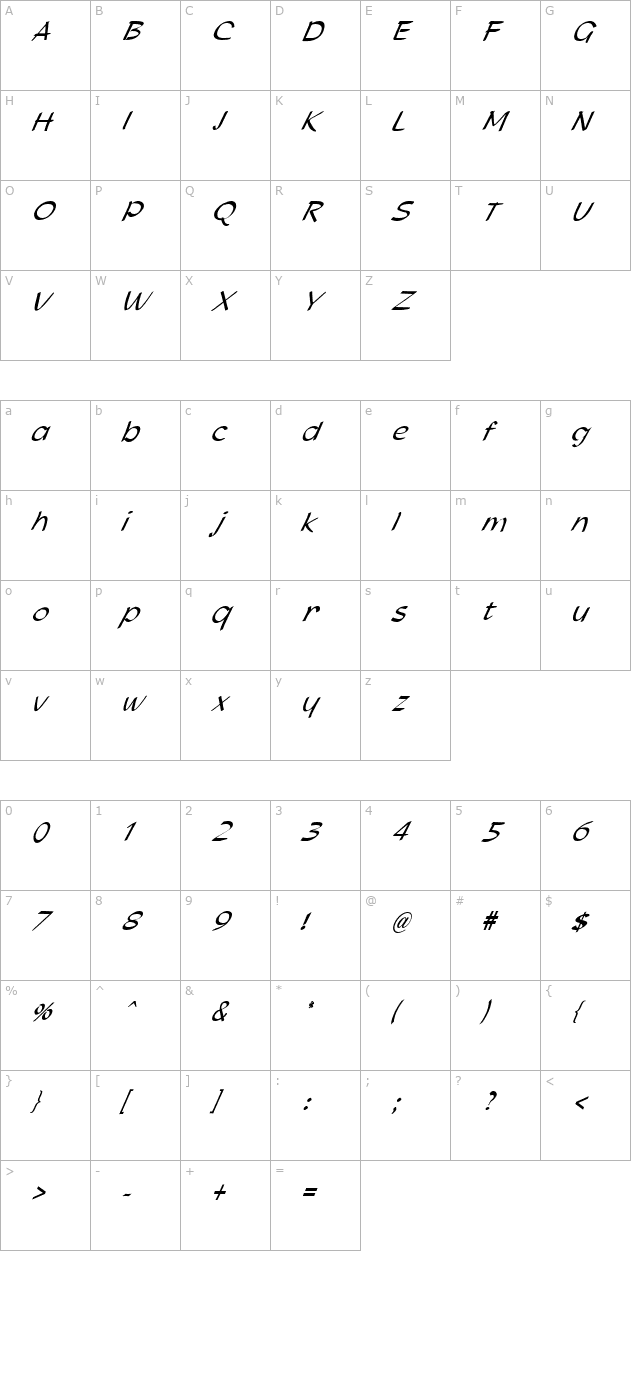 FZ HAND 21 ITALIC character map