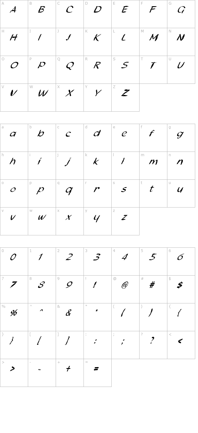 FZ HAND 21 MANGLED ITALIC character map