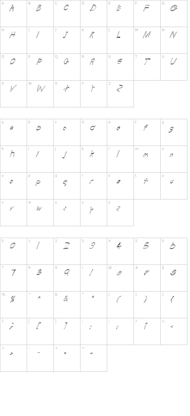 FZ HAND 22 HOLLOW ITALIC character map