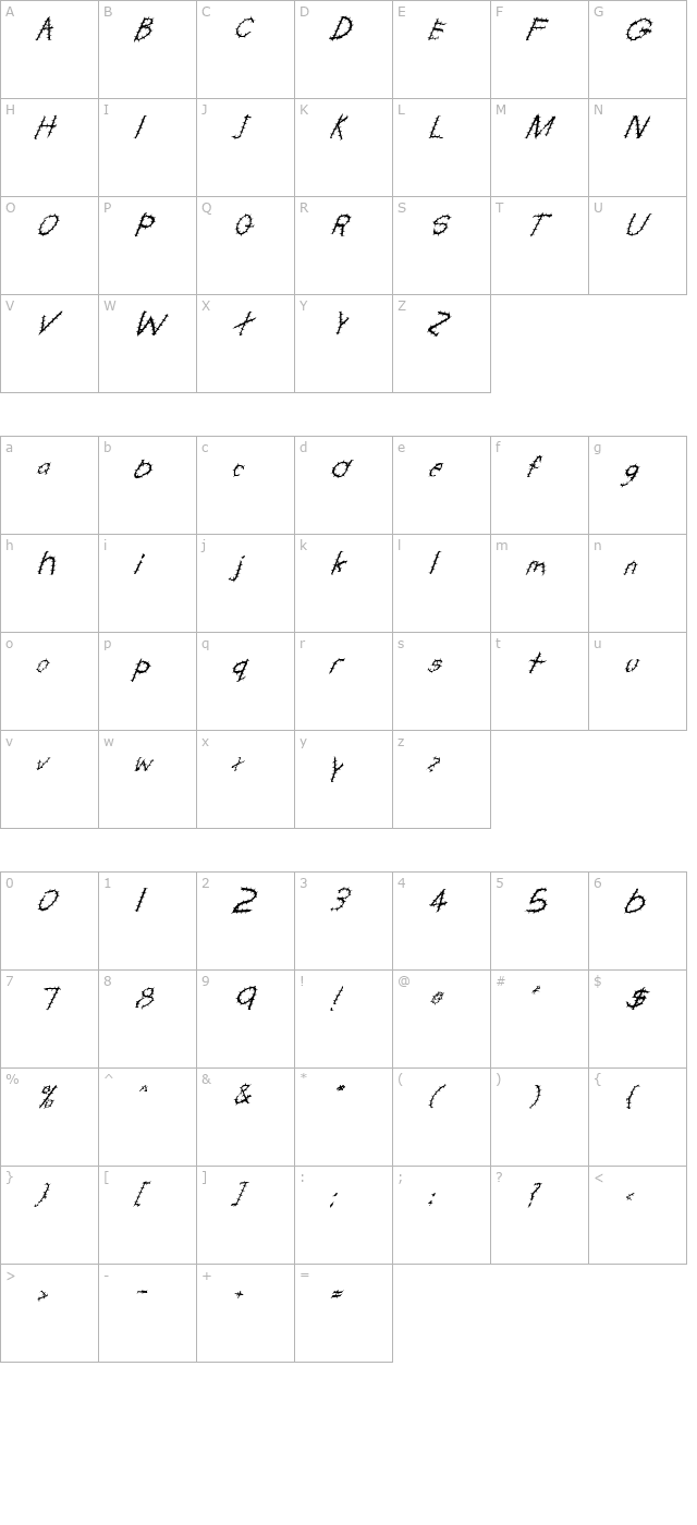 FZ HAND 22 SPIKED ITALIC character map