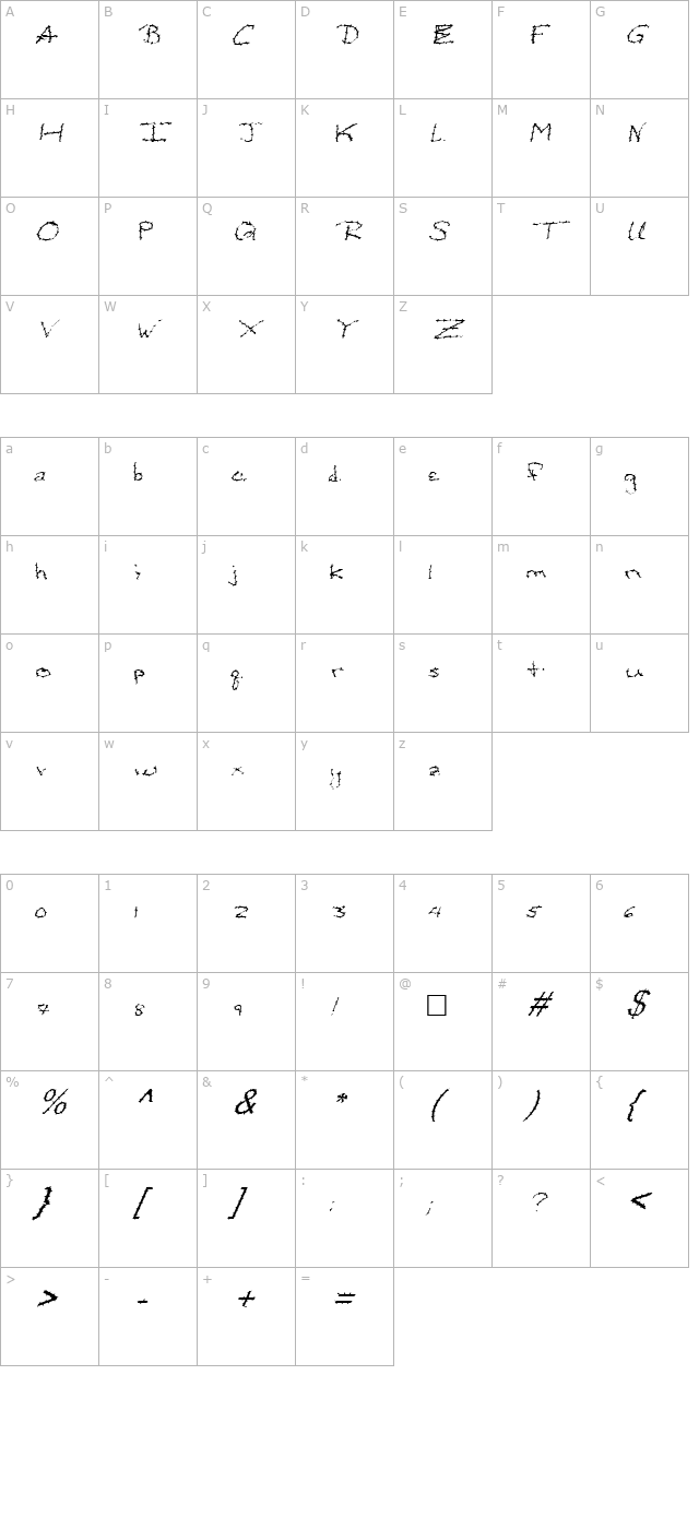 FZ HAND 24 SPIKED ITALIC character map