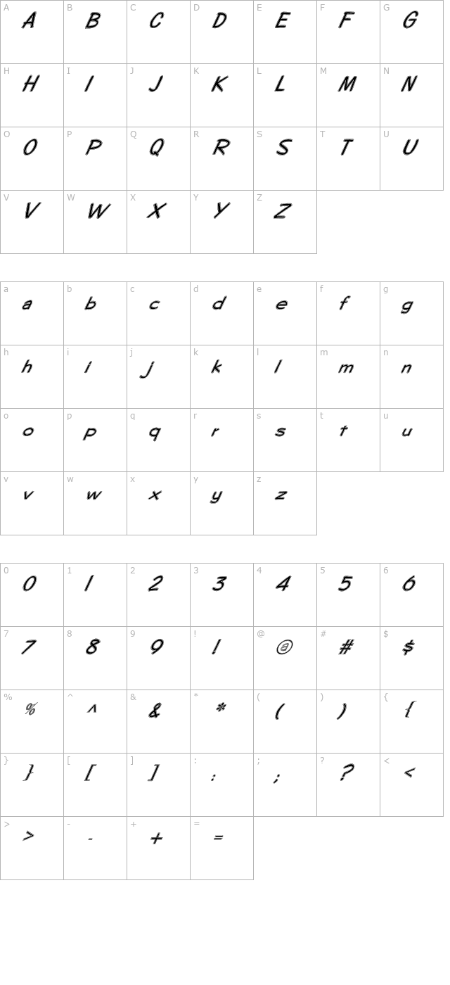 FZ HAND 7 CONTOUR ITALIC character map