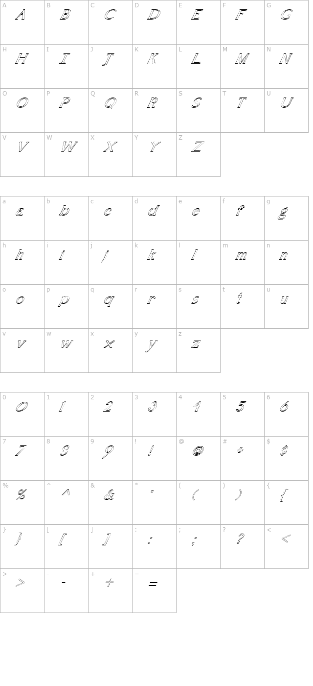 FZ ROMAN 18 HOLLOW ITALIC character map