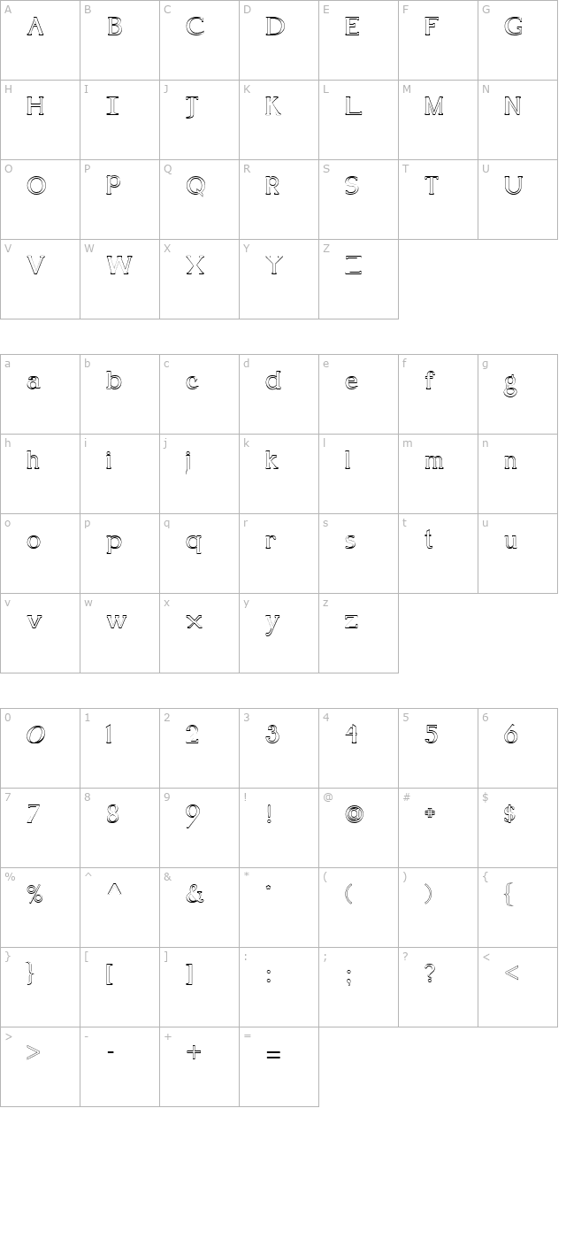 FZ ROMAN 18 HOLLOW character map