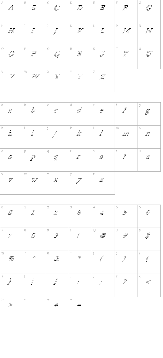 FZ ROMAN 21 HOLLOW ITALIC character map