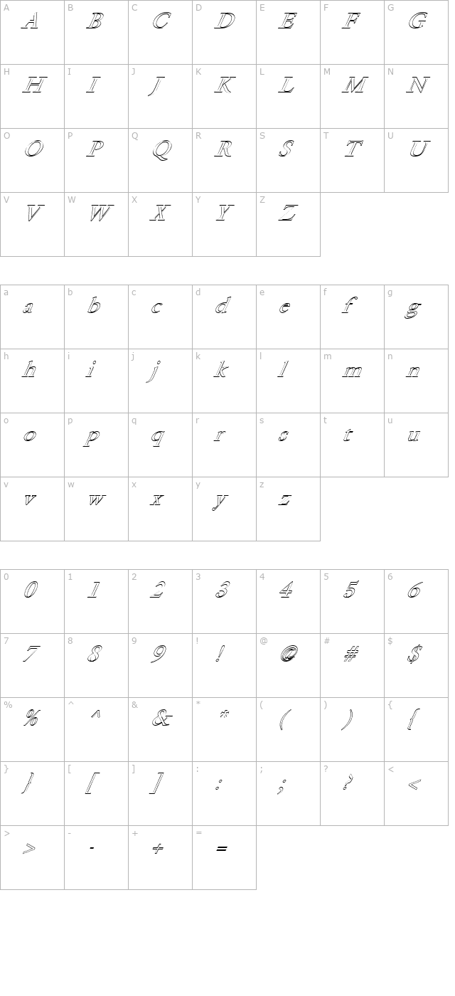 FZ ROMAN 25 HOLLOW ITALIC character map