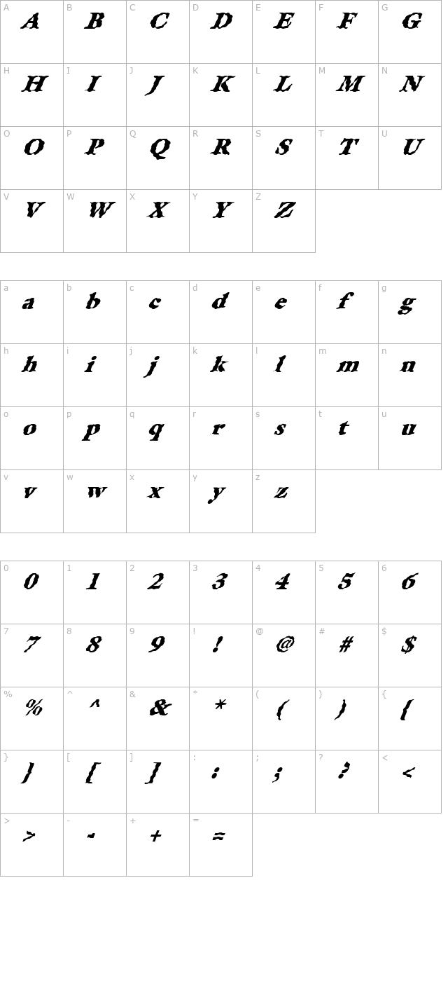 FZ ROMAN 26 WAVEY ITALIC character map