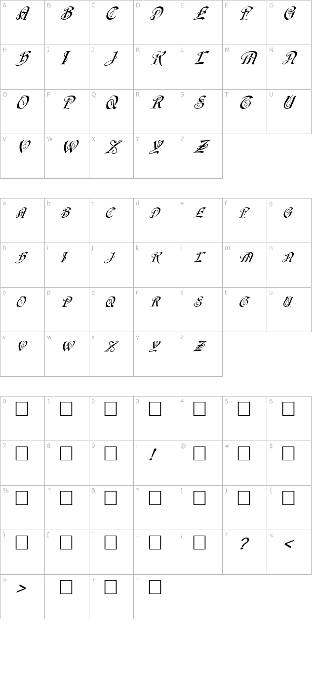 FZ SCRIPT 14 ITALIC character map