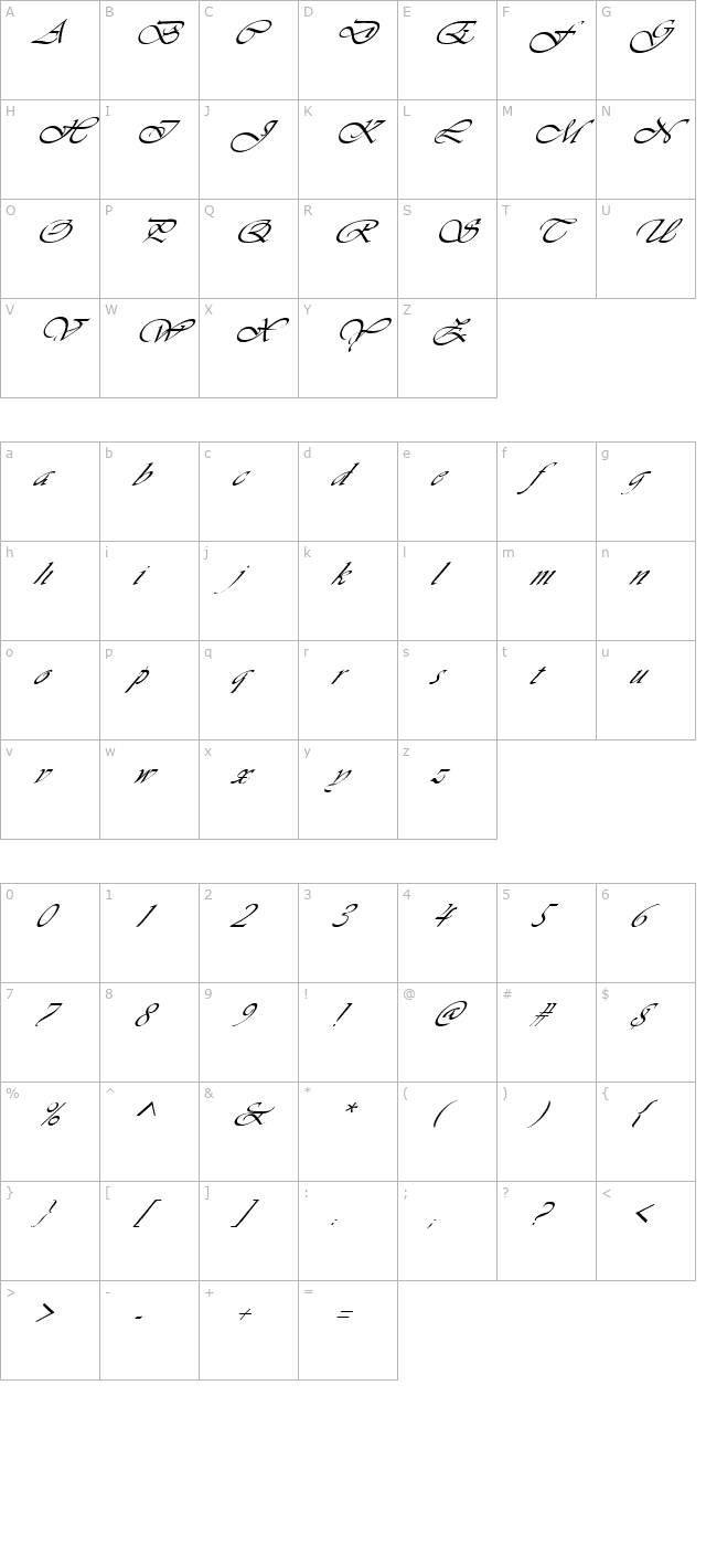 FZ SCRIPT 26 ITALIC character map