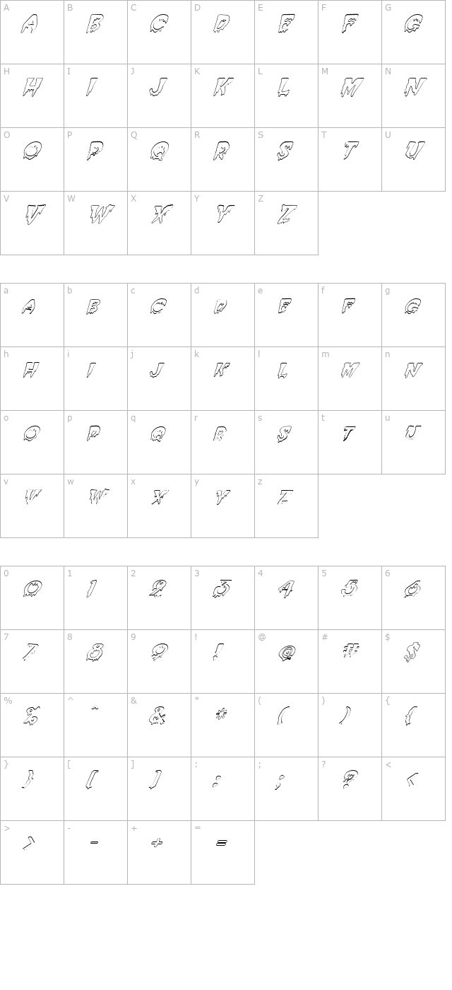 FZ UNIQUE 10 HOLLOW ITALIC character map