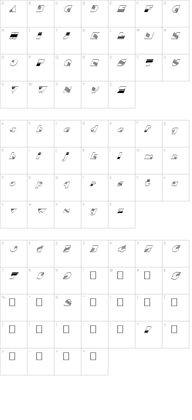 FZ UNIQUE 11 HOLLOW ITALIC character map