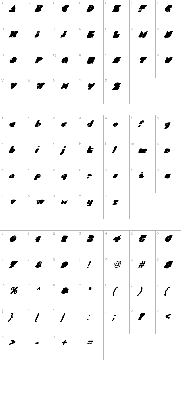 FZ UNIQUE 11 MANGLED ITALIC character map