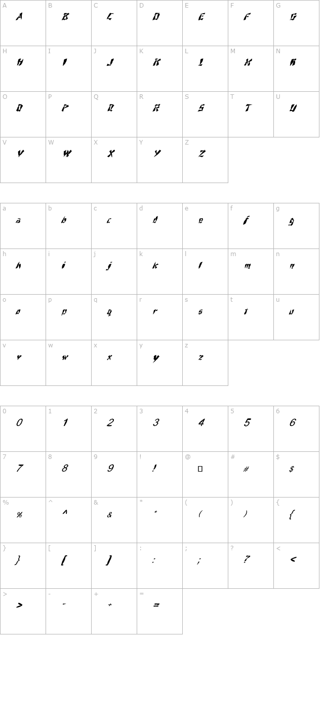 FZ UNIQUE 21 MANGLED ITALIC character map