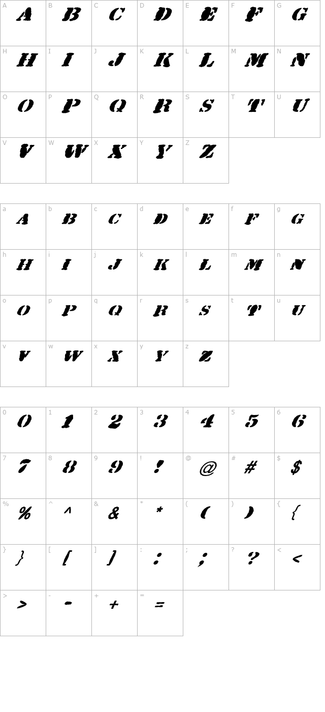 FZ UNIQUE 25 MANGLED ITALIC character map