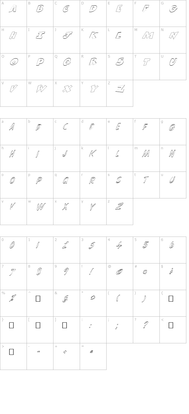 FZ UNIQUE 30 HOLLOW ITALIC character map