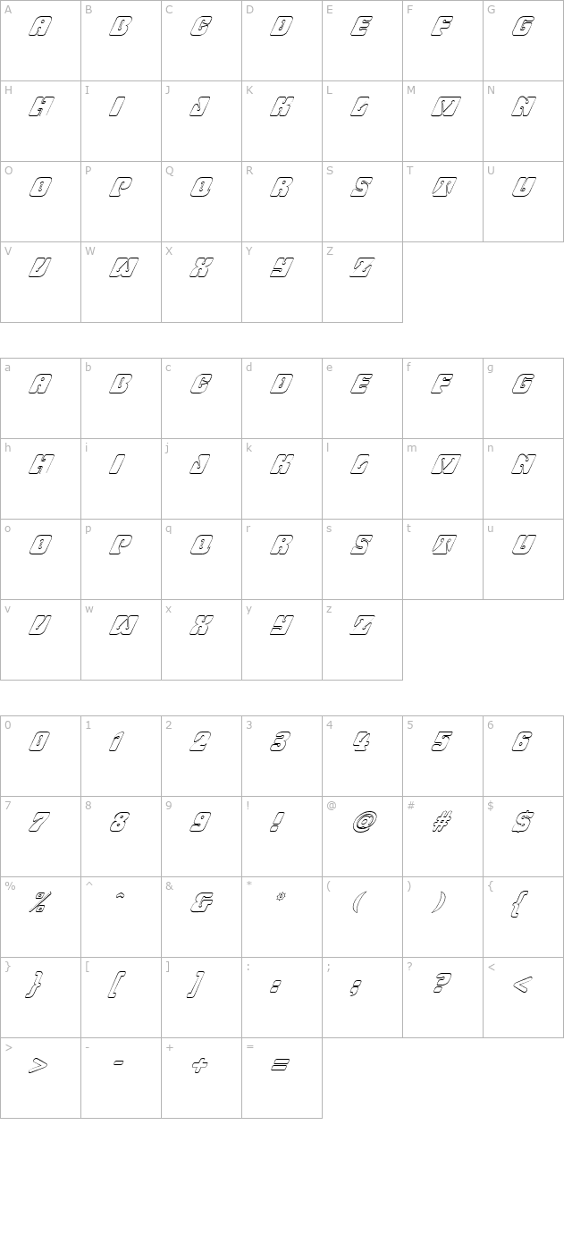 FZ UNIQUE 32 HOLLOW ITALIC character map