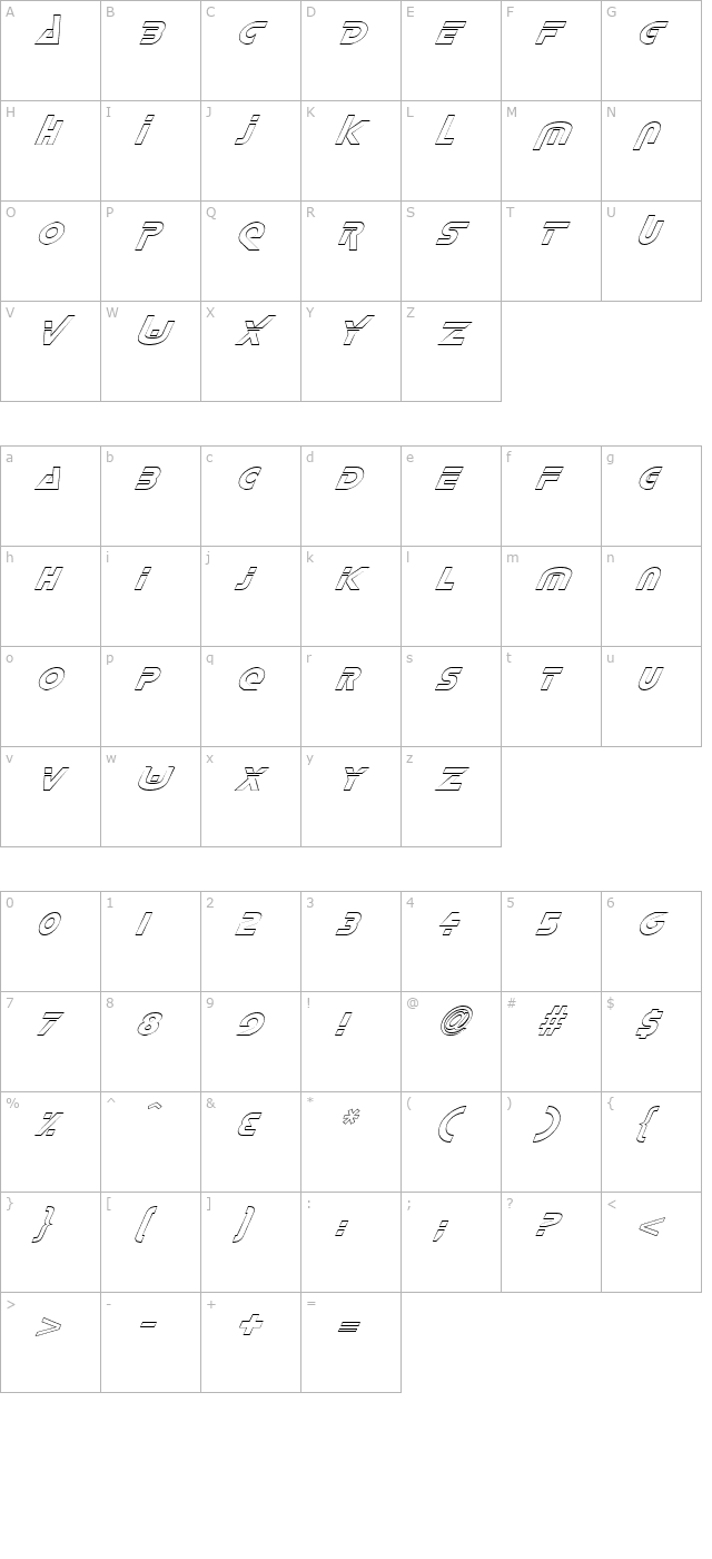 FZ UNIQUE 35 HOLLOW ITALIC character map