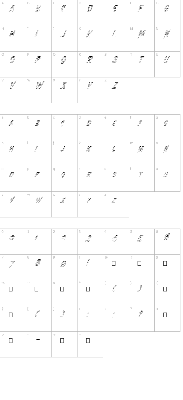 FZ UNIQUE 4 HOLLOW ITALIC character map