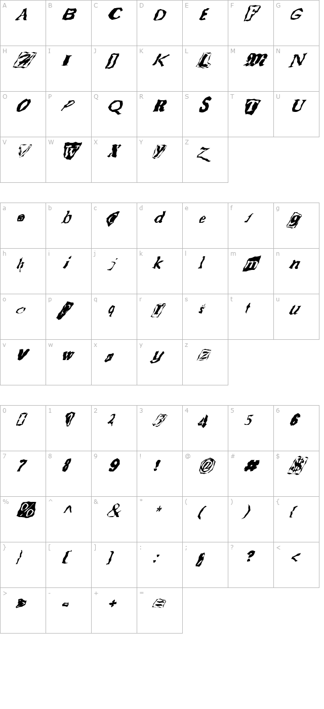 FZ WACKY 50 ITALIC character map