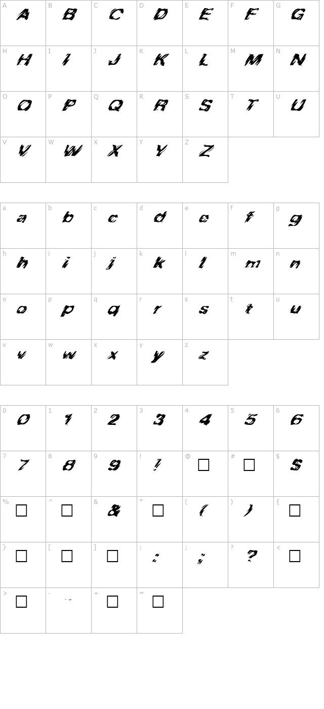 FZ WARPED 10 ITALIC character map