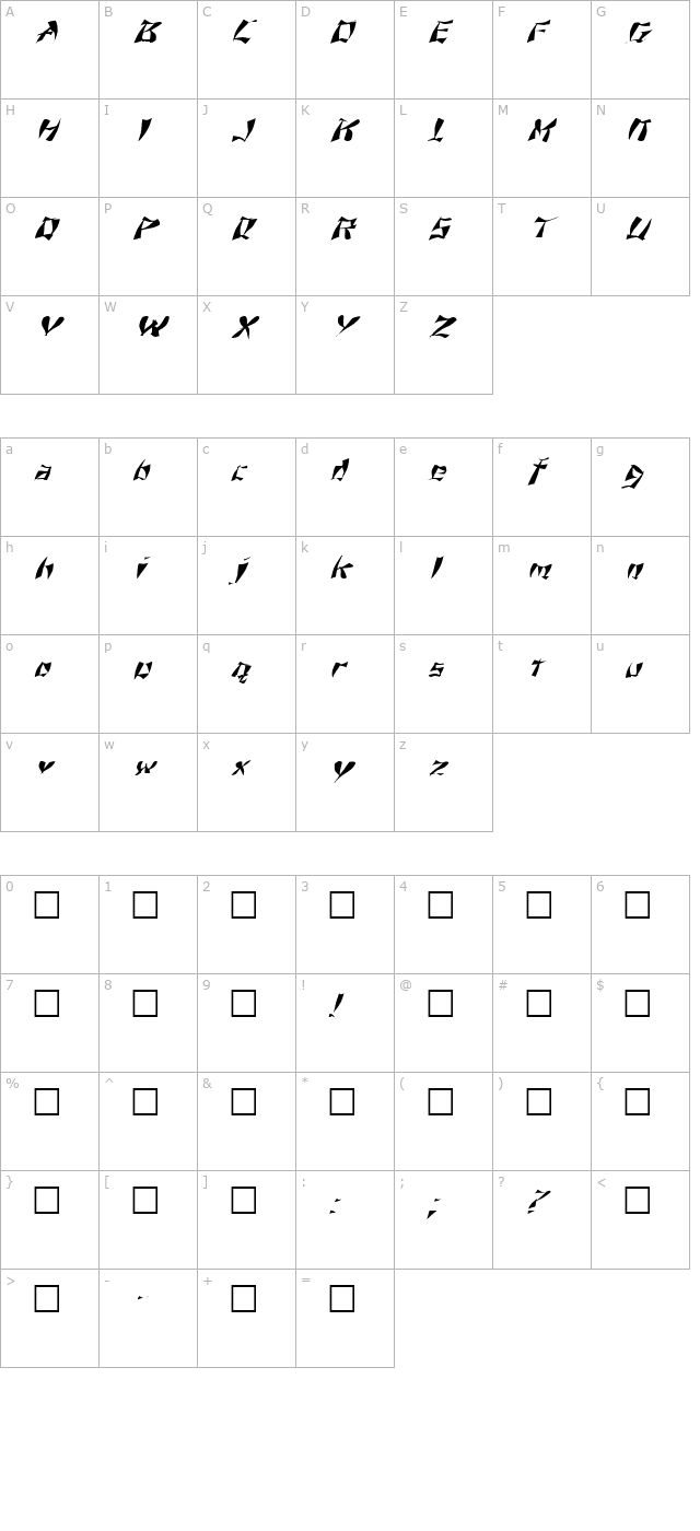 FZ WARPED 11 ITALIC character map