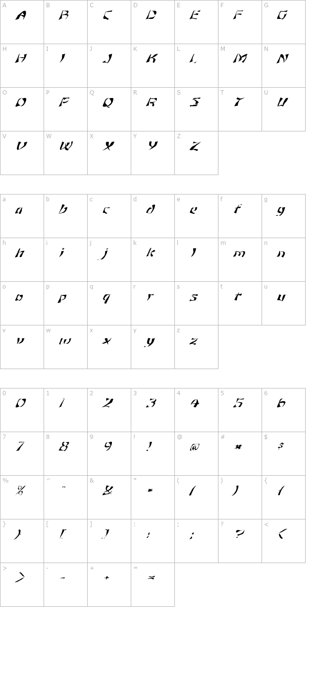 FZ WARPED 12 ITALIC character map