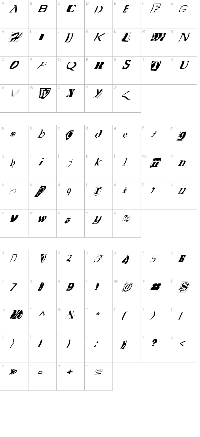 FZ WARPED 15 ITALIC character map