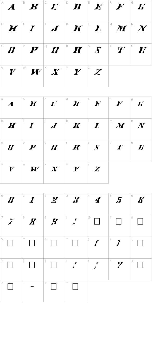 FZ WARPED 17 ITALIC character map