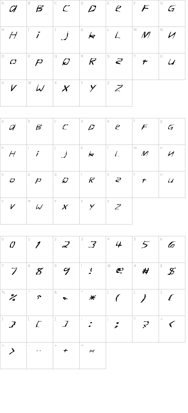 FZ WARPED 26 ITALIC character map