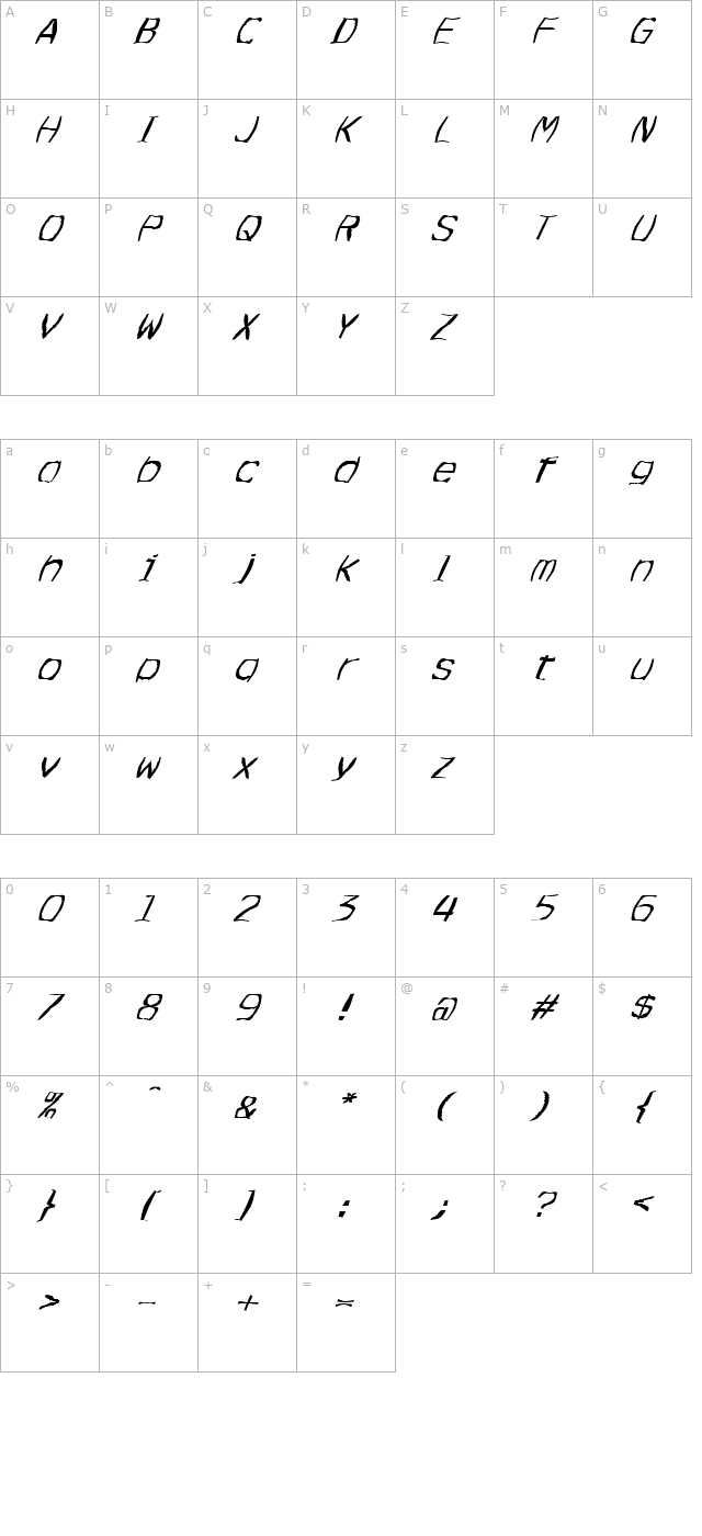 FZ WARPED 3 ITALIC character map